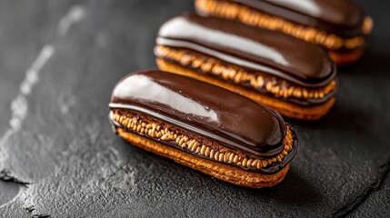 Naklejka premium A close-up of three chocolate-covered pastries arranged on a dark slate surface.