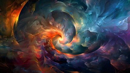 Abstract swirl of vibrant neon colors blending seamlessly against a dark background. Energy, futuristic, psychedelic, dynamic, movement, pattern, design,creativity,digital art,fluidity