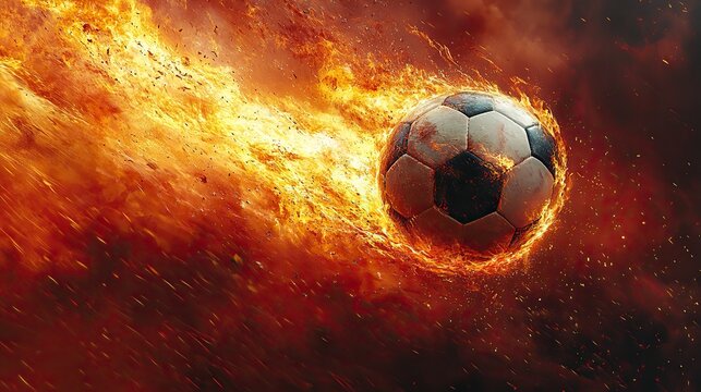 A flaming soccer ball flies through the air on a red background, representing the intense energy and passion of international football championships.