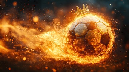 Fototapeta premium A flaming soccer ball on a black background with a golden crown, designed for sports-themed banners, posters, or greeting cards promoting world championship goals or sports betting.