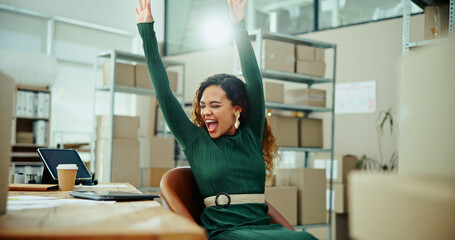 Happy woman, laptop or winning with good news in logistics for promotion, sale or order at...