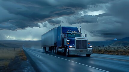 Blue big rig semi truck on the road at evening
