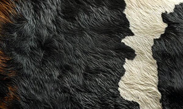 Close-up of a textured cowhide with black and white patterns.