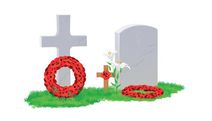 White marble gravestone and cross on green grass, wreath of red poppies. The grave is decorated for ANZAC Day, April 25, 2025. Commemorative date in Australia and New Zealand. Vector in flat style.