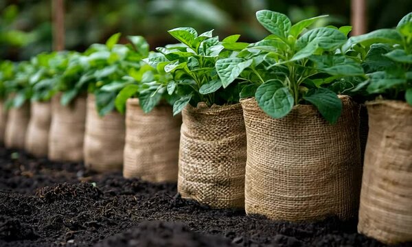 Green plants growing in burlap sacks for cultivation.