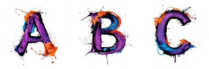 Colorful letters A, B, and C with paint splatter.