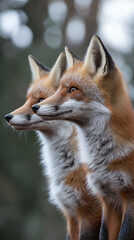 Fototapeta premium Curious fox parent and kit walking side by side, autumn forest scene,vibrant colors,wildlife photography,family bond,natural habitat,stunning fur detail,captivating animal portrait,baby,mother's day