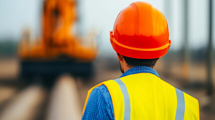 Construction worker observes ongoing project with heavy machinery in background for enhanced safety awareness