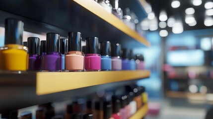 Shelf of bottle nail polish in beauty salon image abstract blur defocused background