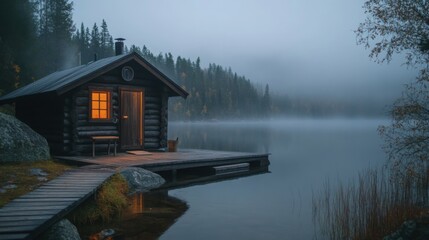 Obraz premium Outdoor sauna on a lakeside, foggy morning, natural and rustic feel