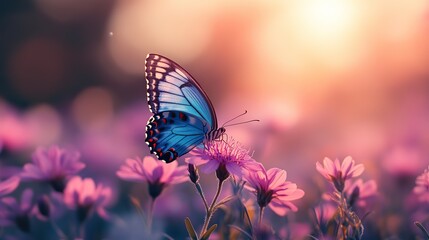 A fluttering blue butterfly sits on a purple wildflower in a sunny meadow, representing spring’s beauty and the tranquility of nature.