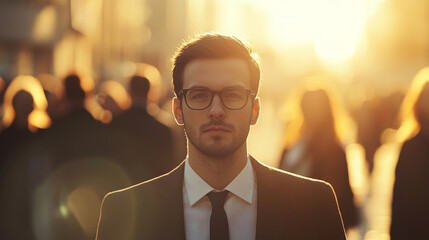 Young optimistic professional man walking to his future at sunset in city street with blurry crowd in background