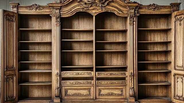 An ornate wooden bookcase sits empty in a room, awaiting its next literary treasures