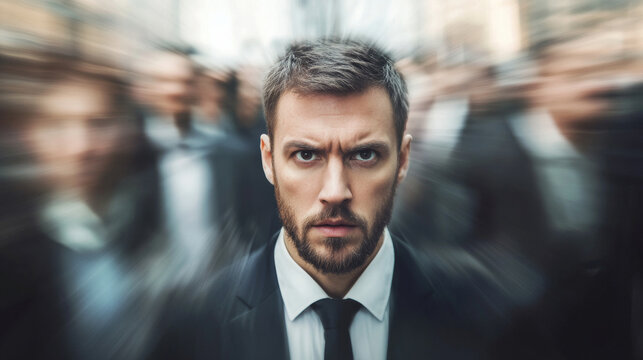 Portrait of a fierce looking young bellwether businessman wearing a formal suit with a tie in middle of a blurry crowd of people in the street