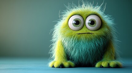 Fototapeta premium A funny fluffy green monster on a blue background, designed for Halloween-themed banners, posters, or greeting cards promoting cute yet spooky characters with a fun, furry concept.