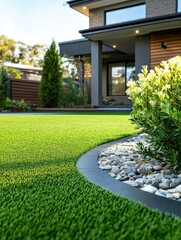 Obraz premium A contemporary Australian home or residential buildings front yard features artificial grass lawn turf with timber edging, and a big flowers garden
