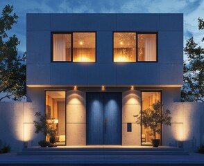 Modern home under the night sky, showcasing denim doors and wood windows in high-def.