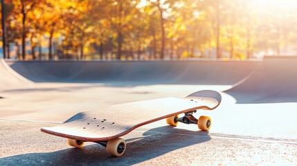 A skateboard rests on a smooth surface in a sunlit skate park surrounded by trees, suggesting leisure and outdoor activity.