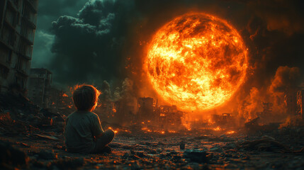 A solitary boy sits amidst urban destruction as monstrous storms wreak havoc in a nightmarish scene brought on by the relentless rise in global temperatures