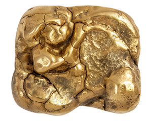 A shiny, irregularly shaped gold nugget with textured surface.