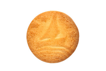 One round cookie with a picture of a boat on a white background. Close-up cookies isolated.