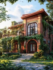 Fototapeta premium A large house with a lot of greenery and a lot of windows