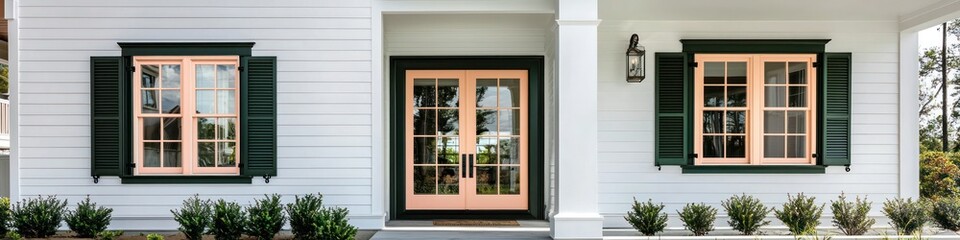 Fototapeta premium Stylish white home with green trim and peach windows on a bright sunny day.