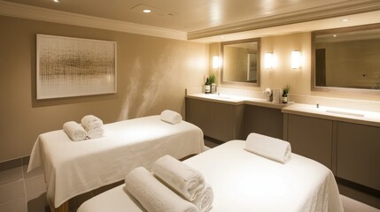 Fototapeta premium Serene Spa Room with Relaxing Massage Tables