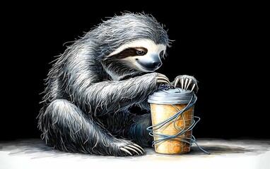 Naklejka premium A playful sloth engaged in a curious activity with a container a whimsical representation of nature's gentle creatures