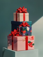 Fototapeta premium A stack of colorful presents with red bows on top