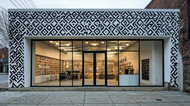 Modern storefront with geometric pattern