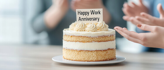 A beautifully decorated cake with a 'Happy Work Anniversary' sign. Surrounded by happy colleagues celebrating a milestone at the office. Perfect for work celebrations.