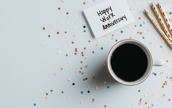 A top-down view of a coffee cup placed on a light background, surrounded by colorful confetti and a card that reads 'Happy Work Anniversary'.