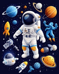 A colorful astronaut illustration surrounded by planets, rockets, and aliens in a vibrant cosmic scene.