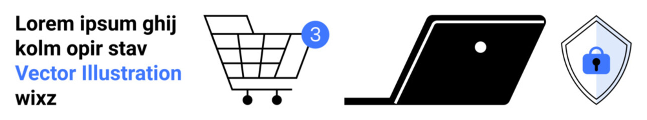 Shopping cart with purchase notification, laptop, security shield with padlock. Ideal for e-commerce, online shopping, security, technology, digital transactions, internet safety, web stores. Landing