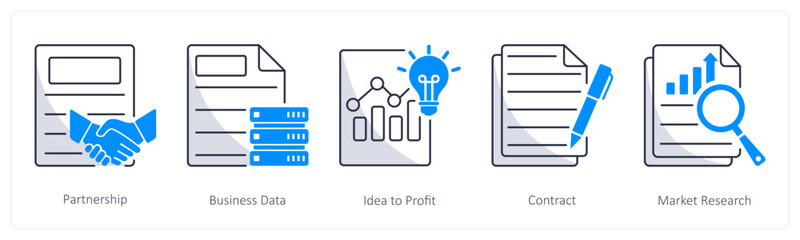 A set of 5 business icons as partnership, business data, idea to profit