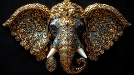 A golden Indian elephant ornament set against a black background, designed for traditional festival-themed posters or banners, ideal for Ganesh Chaturthi or Diwali celebrations.