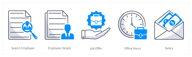 A set of 5 business icons as search employee, employee details, job offer