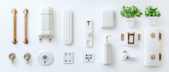 Stylish collection of modern home hardware on a white background featuring handles, switches, and decorative plants.