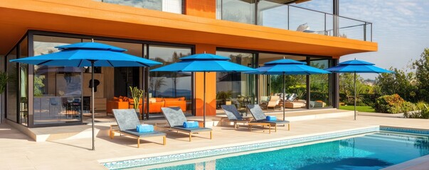 Daytime view of a luxurious home with a pool, slate blue umbrellas, and vivid colors.