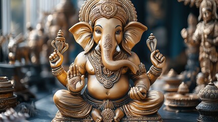 Fototapeta premium A golden statue of Hindu god Ganesha stands on a dark blue background, symbolizing religious festivals and cultural celebrations.