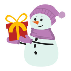 Cheerful Cartoon Christmas Snowman Illustration Holding A Gift