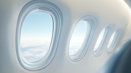 Beautiful view from an airplane window, with the airplane's interior featuring seats and windows against a blue sky background