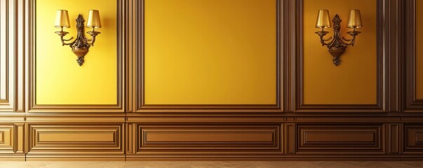 Luxury 3D interior with a warm yellow wall, wood paneling, and bronze decorative sconces.