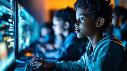 Kids engaged in ethical hacking exercises, practicing penetration testing in a controlled, tech-savvy environment