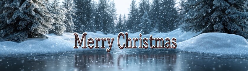 "Merry Christmas" spelled out in sparkling, frosty letters on a frozen pond, surrounded by tall pine trees dusted with snow