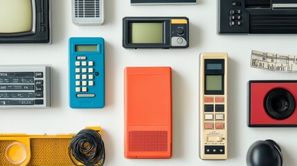 A collection of vintage electronic devices arranged on a white surface highlighting retro technology from various eras