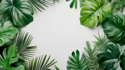 Tropical green leaves border on white  background.