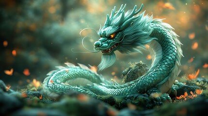 A green Chinese dragon on a blurred background representing the year of the dragon in China and Eastern Asia, one of the zodiac signs, for the 2024 new year celebration.