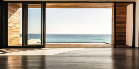 Modern coastal interior with large windows overlooking the ocean during a bright sunny day